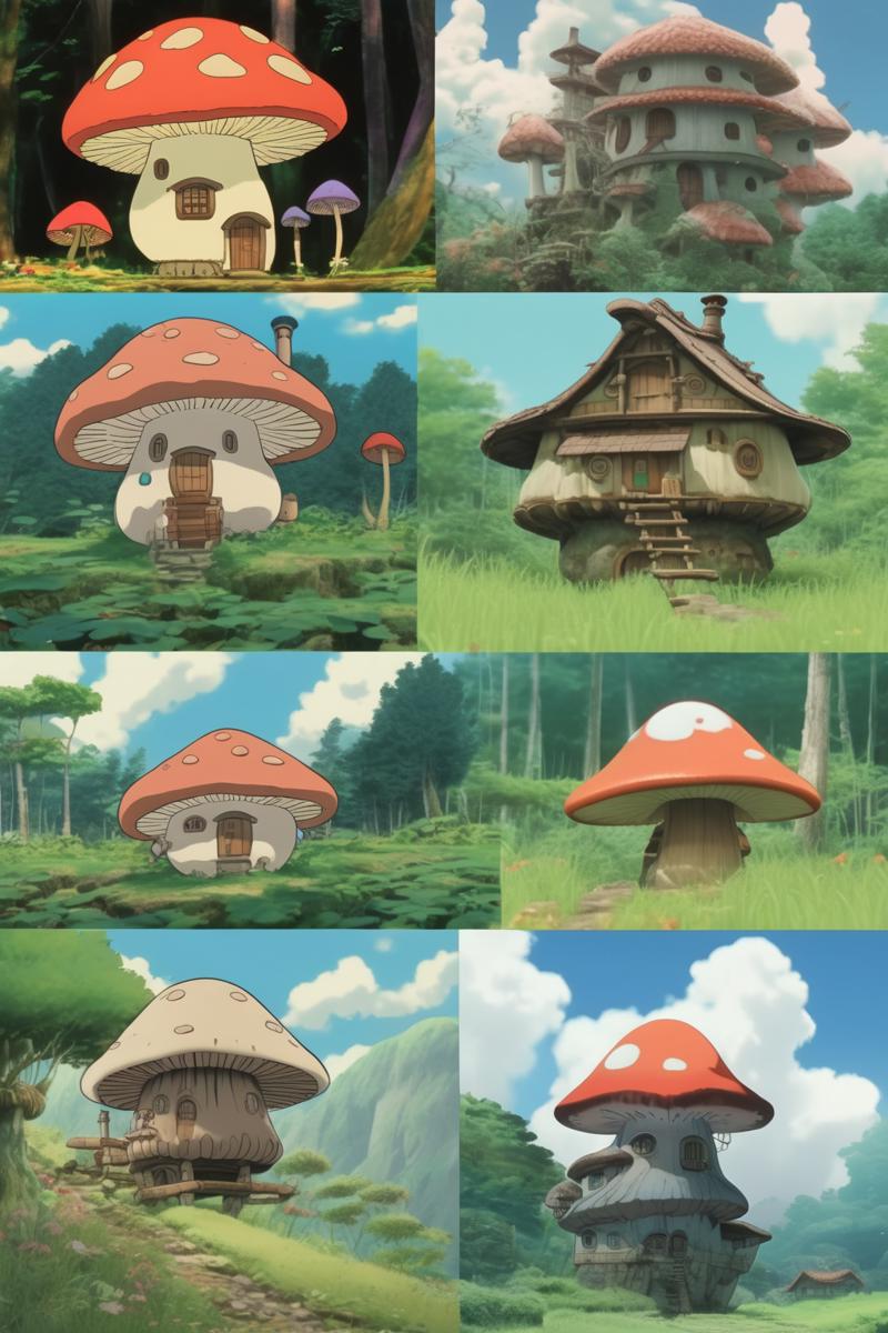 00082-2866751746-_lora_Studio Ghibli Style_1_Studio Ghibli Style - a mushroom house in 4 different Japanese animation styles, including one studi.png